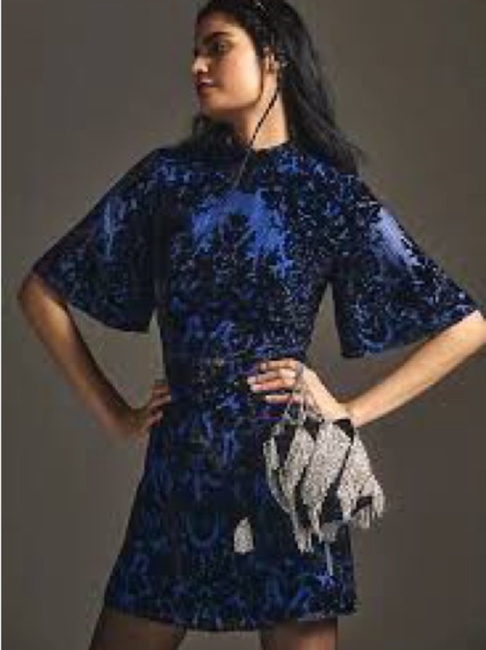 Anthropologie Blue Velvet Burnout Short Dress with Flutter Sleeves EUC